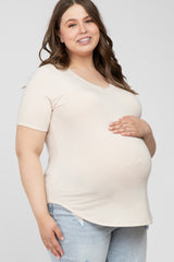 Beige V-Neck Round Hem Maternity Plus Top