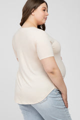 Beige V-Neck Round Hem Maternity Plus Top