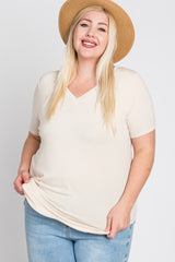 Beige V-Neck Round Hem Plus Top