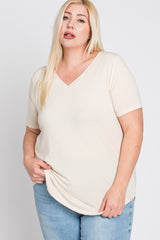 Beige V-Neck Round Hem Plus Top