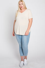 Beige V-Neck Round Hem Plus Top