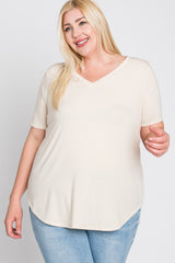 Beige V-Neck Round Hem Plus Top