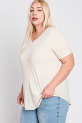 Beige V-Neck Round Hem Plus Top