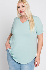 Mint Green V-Neck Round Hem Plus Top