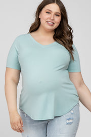 Mint Green V-Neck Round Hem Maternity Plus Top