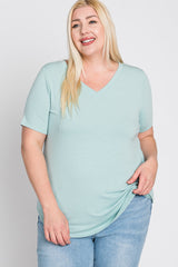 Mint Green V-Neck Round Hem Plus Top