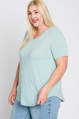 Mint Green V-Neck Round Hem Plus Top