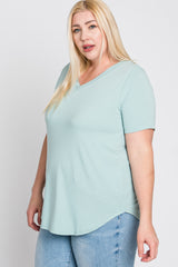 Mint Green V-Neck Round Hem Plus Top