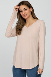 Light Beige Solid V-Neck Long Sleeve Top