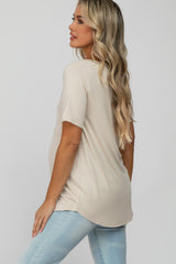 Beige V-Neck Front Pocket Short Sleeve Maternity Top