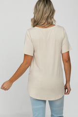 Beige V-Neck Front Pocket Short Sleeve Maternity Top