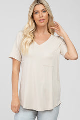 Beige V-Neck Front Pocket Short Sleeve Top