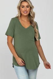 Olive V-Neck Front Pocket Short Sleeve Maternity Top