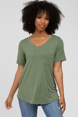 Olive V-Neck Front Pocket Short Sleeve Top