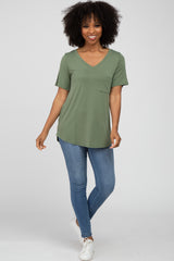 Olive V-Neck Front Pocket Short Sleeve Top