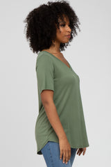 Olive V-Neck Front Pocket Short Sleeve Top