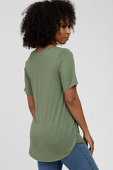 Olive V-Neck Front Pocket Short Sleeve Top