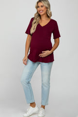 Burgundy V-Neck Front Pocket Short Sleeve Maternity Top