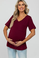 Burgundy V-Neck Front Pocket Short Sleeve Maternity Top