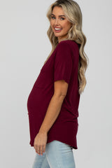 Burgundy V-Neck Front Pocket Short Sleeve Maternity Top