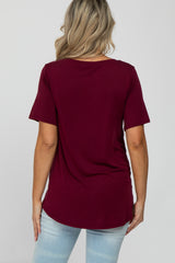 Burgundy V-Neck Front Pocket Short Sleeve Maternity Top