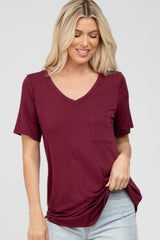 Burgundy V-Neck Front Pocket Short Sleeve Maternity Top