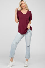 Burgundy V-Neck Front Pocket Short Sleeve Top