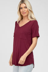 Burgundy V-Neck Front Pocket Short Sleeve Top