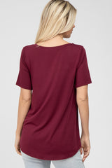 Burgundy V-Neck Front Pocket Short Sleeve Top