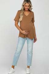 Brown V-Neck Front Pocket Short Sleeve Maternity Top