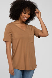 Brown V-Neck Front Pocket Short Sleeve Top