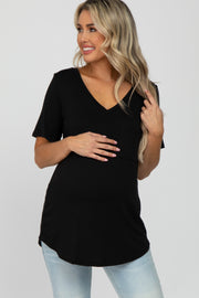 Black V-Neck Front Pocket Short Sleeve Maternity Top