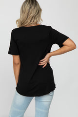 Black V-Neck Front Pocket Short Sleeve Maternity Top