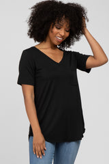 Black V-Neck Front Pocket Short Sleeve Maternity Top