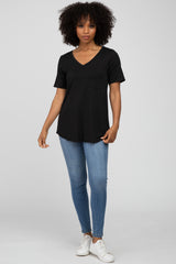 Black V-Neck Front Pocket Short Sleeve Top