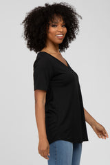 Black V-Neck Front Pocket Short Sleeve Top