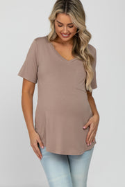 Taupe V-Neck Front Pocket Short Sleeve Maternity Top