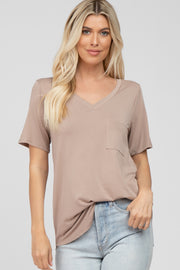 Taupe V-Neck Front Pocket Short Sleeve Top