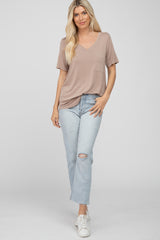 Taupe V-Neck Front Pocket Short Sleeve Top