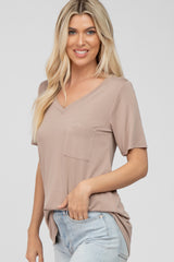 Taupe V-Neck Front Pocket Short Sleeve Top