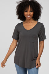 Charcoal V-Neck Front Pocket Short Sleeve Maternity Top