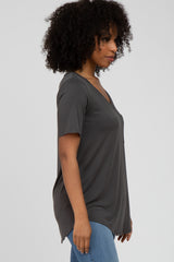 Charcoal V-Neck Front Pocket Short Sleeve Top