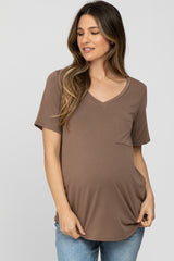 Mocha V-Neck Front Pocket Short Sleeve Maternity Top