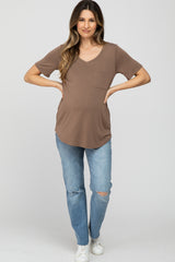 Mocha V-Neck Front Pocket Short Sleeve Maternity Top