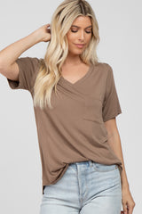 Mocha V-Neck Front Pocket Short Sleeve Top