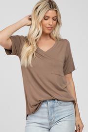 Mocha V-Neck Front Pocket Short Sleeve Top