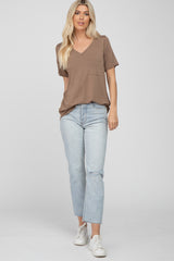 Mocha V-Neck Front Pocket Short Sleeve Top