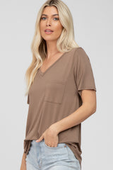 Mocha V-Neck Front Pocket Short Sleeve Top