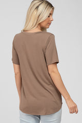 Mocha V-Neck Front Pocket Short Sleeve Top