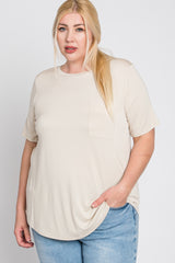 Beige Crew Neck Front Pocket Short Sleeve Plus Top